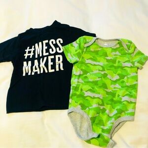 👀4/$25  Size 24 month 2 T  Camo onesie and Black Mess Maker Tshirt